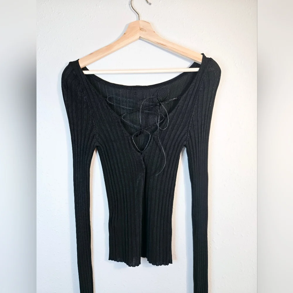 Free People Ribbed Low Back Cross Tie Long Sleeve Top Size Small NWT